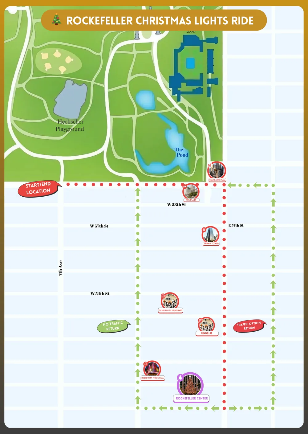 Rockefeller Christmas Lights Ride route map